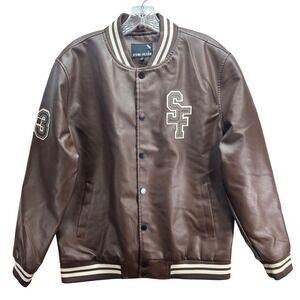 Stone Falcon Mens M Varsity Jacket Chocolate Faux Leather Brown SFJKM5101324 NEW